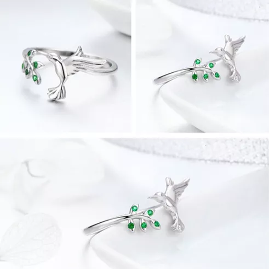 Anillo Ajustable Pájaro Colibrí Rama En Plata 925