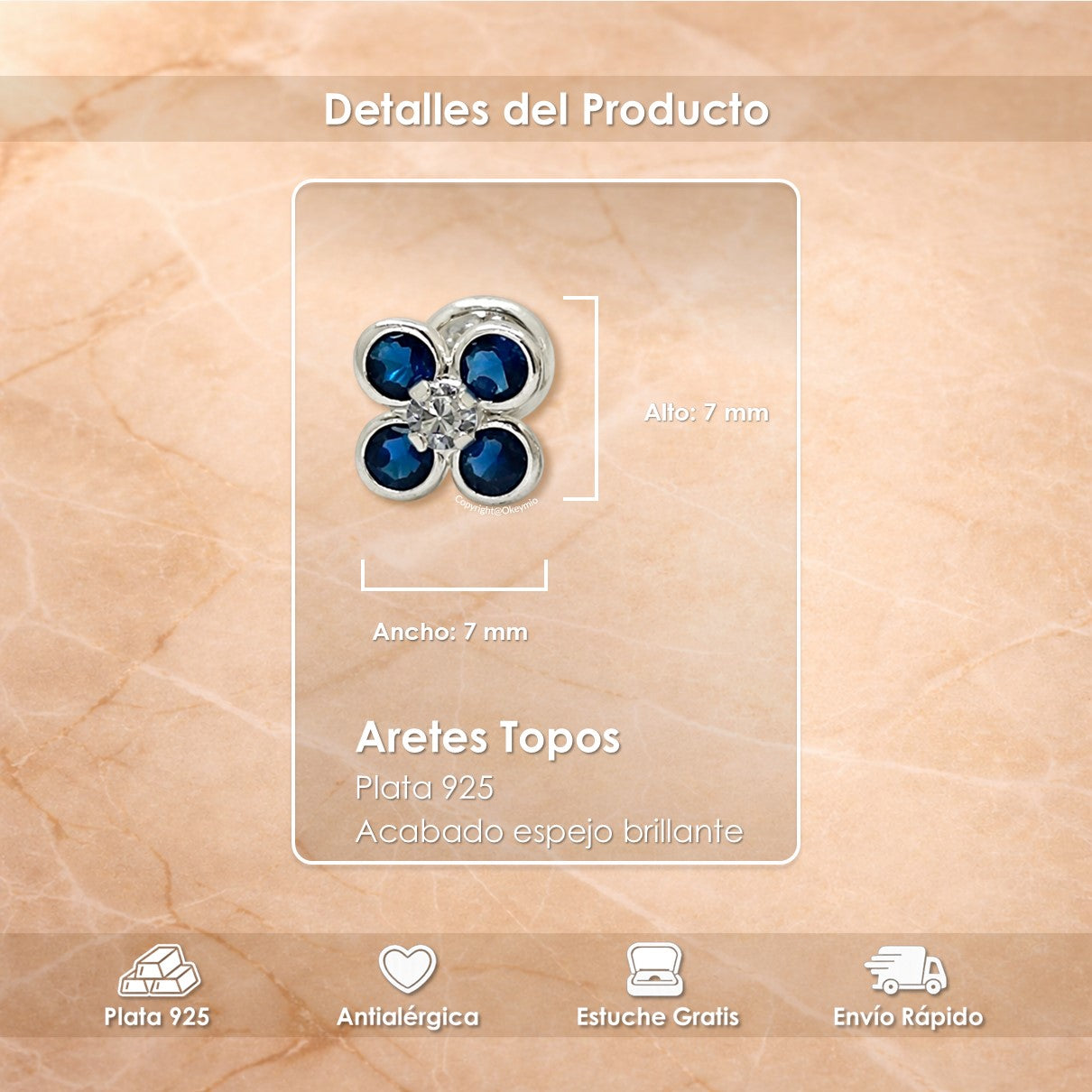 Aretes Plata 925 Mujer Flor Azul Elegantes Antialérgicos