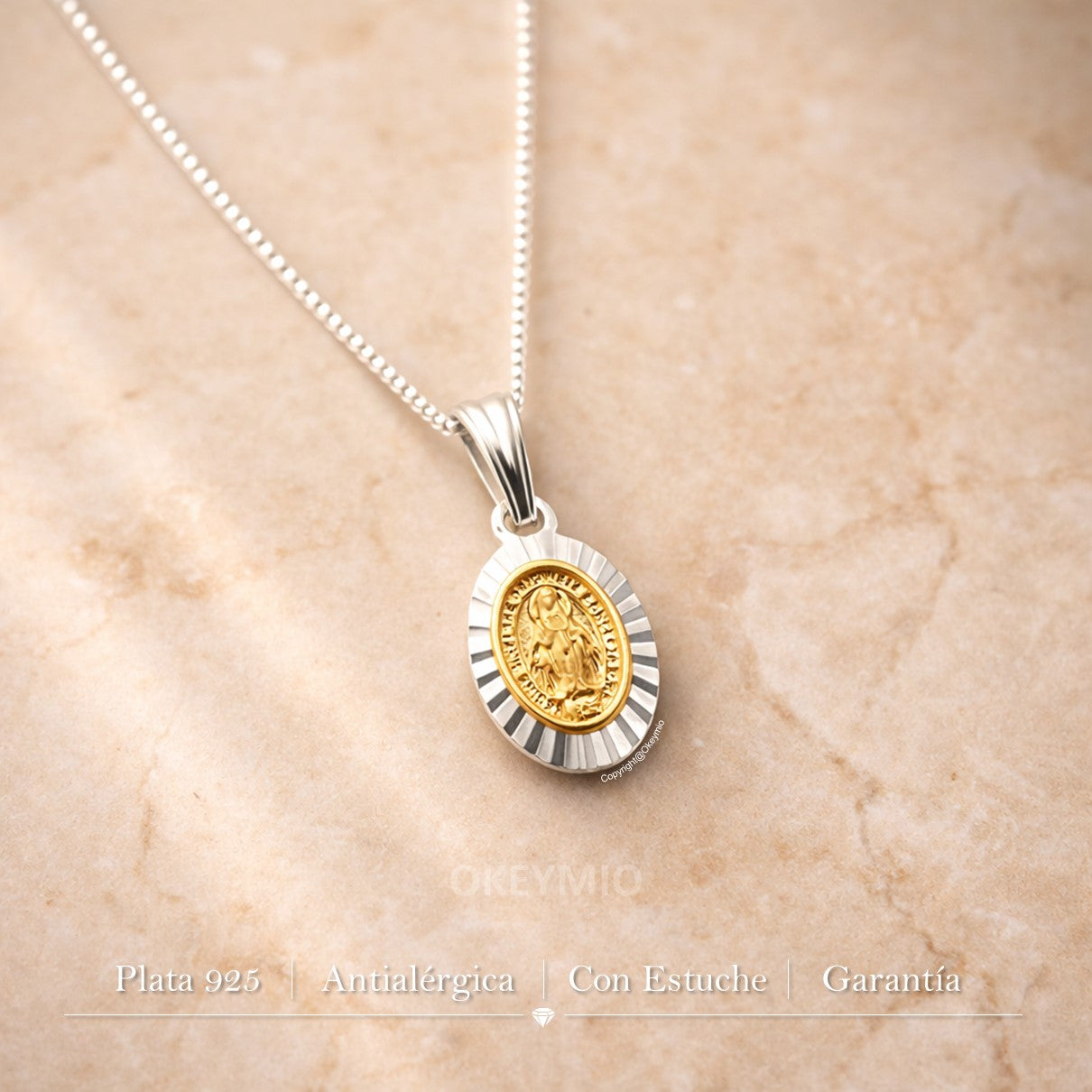 Dije y Cadena Virgen Guadalupe Plata 925 Oro laminado 18k