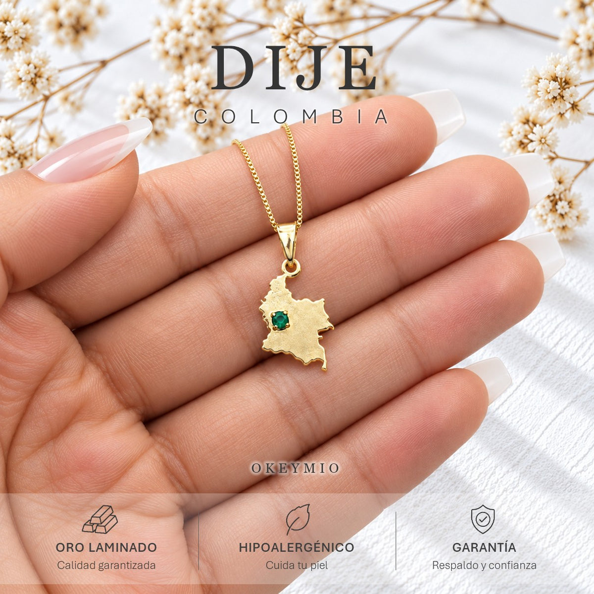 Dije Amo Colombia Mapa Piedra Verde Oro Laminado 18K (sin cadena)