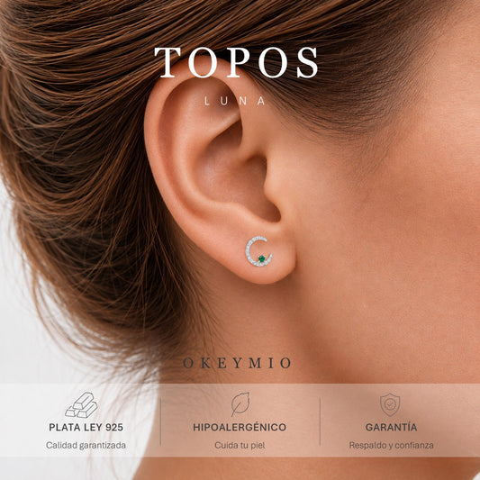 Aretes Pendientes Topos Luna Con Circones En Plata 925