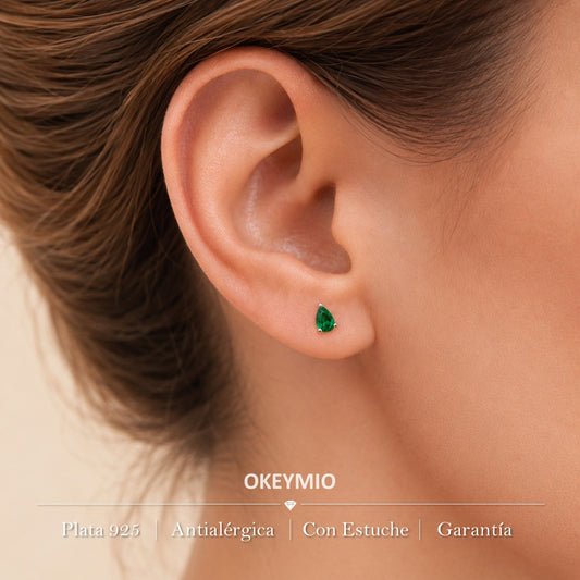 Aretes Topos Cristal Gota Verde En Plata 925