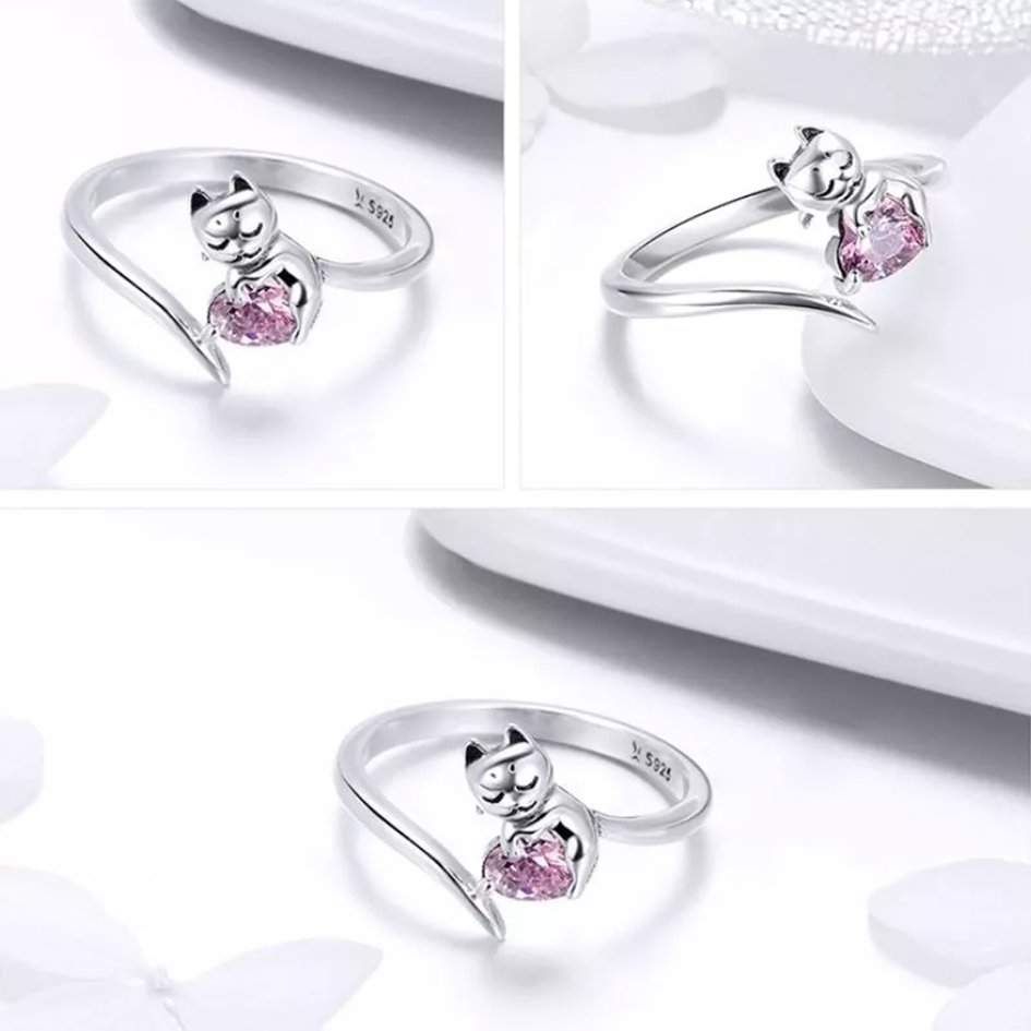 Anillo Ajustable Gato Corazón Rosa En Plata 925