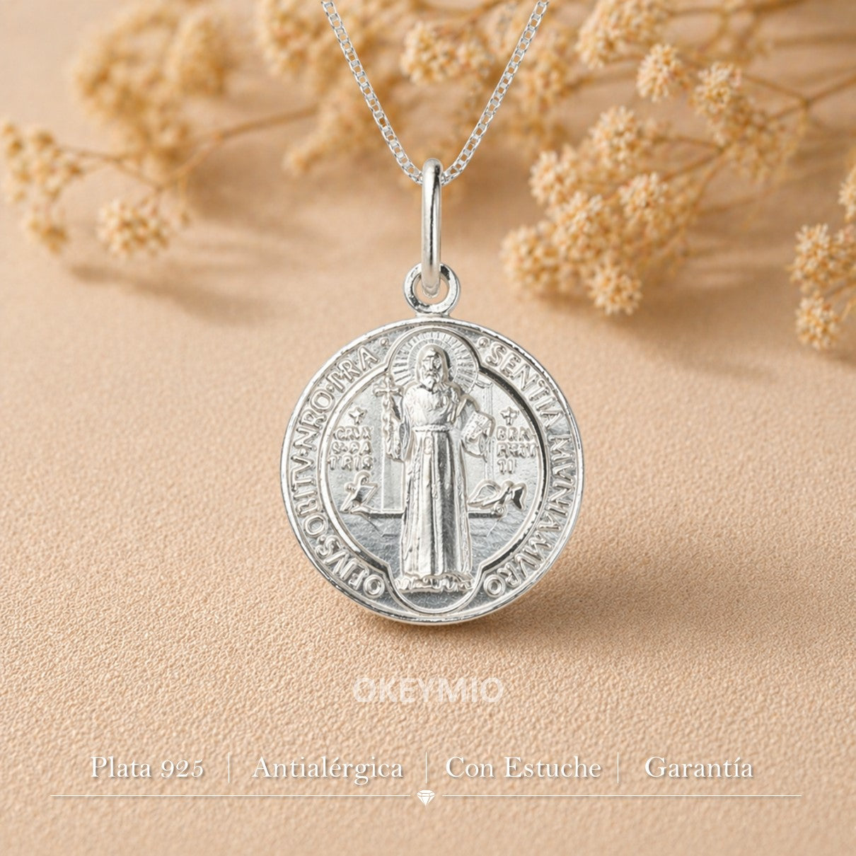 Dije y Cadena San Benito En Plata 925 Italiana Unisex