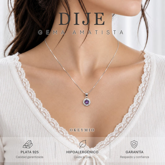 Dije Y Collar Amatista Natural Plata 925 Con Circones
