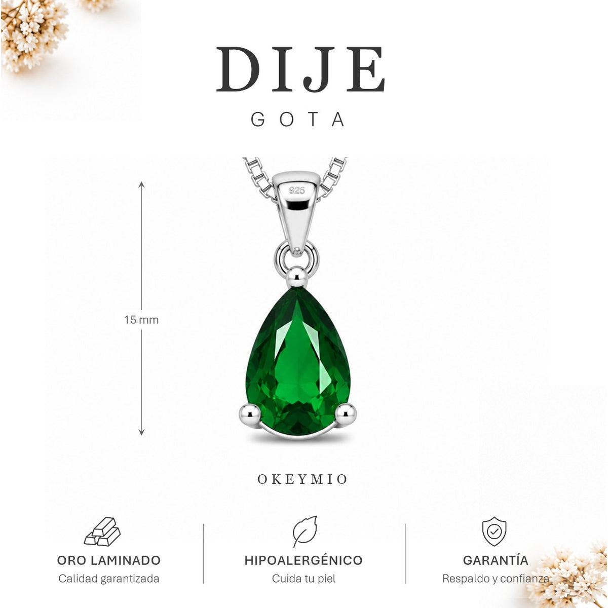 Dije Gota Piedra Verde Con Cadena Plata 925 Antialérgico