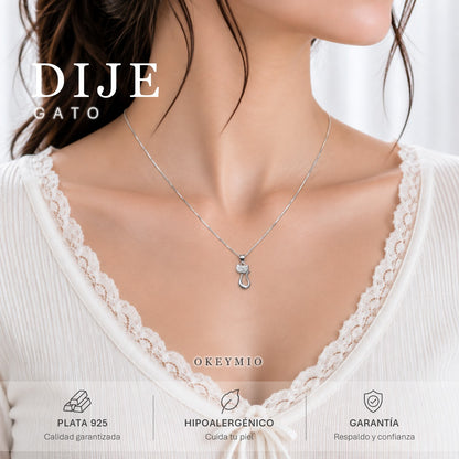 Dije Gato En Plata 925 Con Cadena Para Mujer