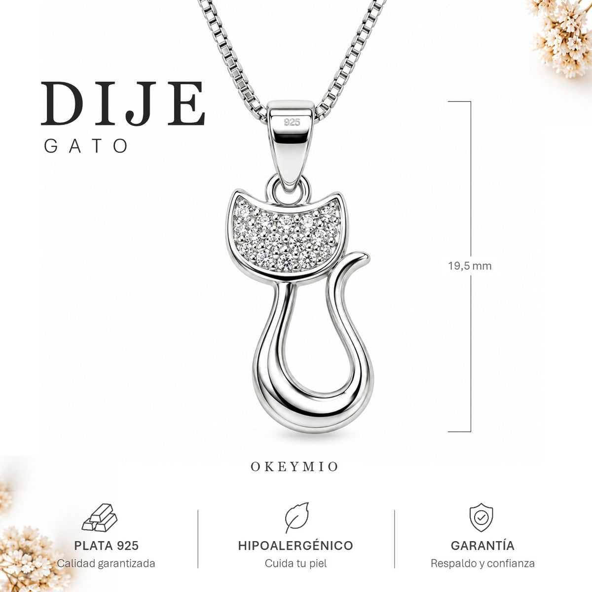 Dije Gato En Plata 925 Con Cadena Para Mujer