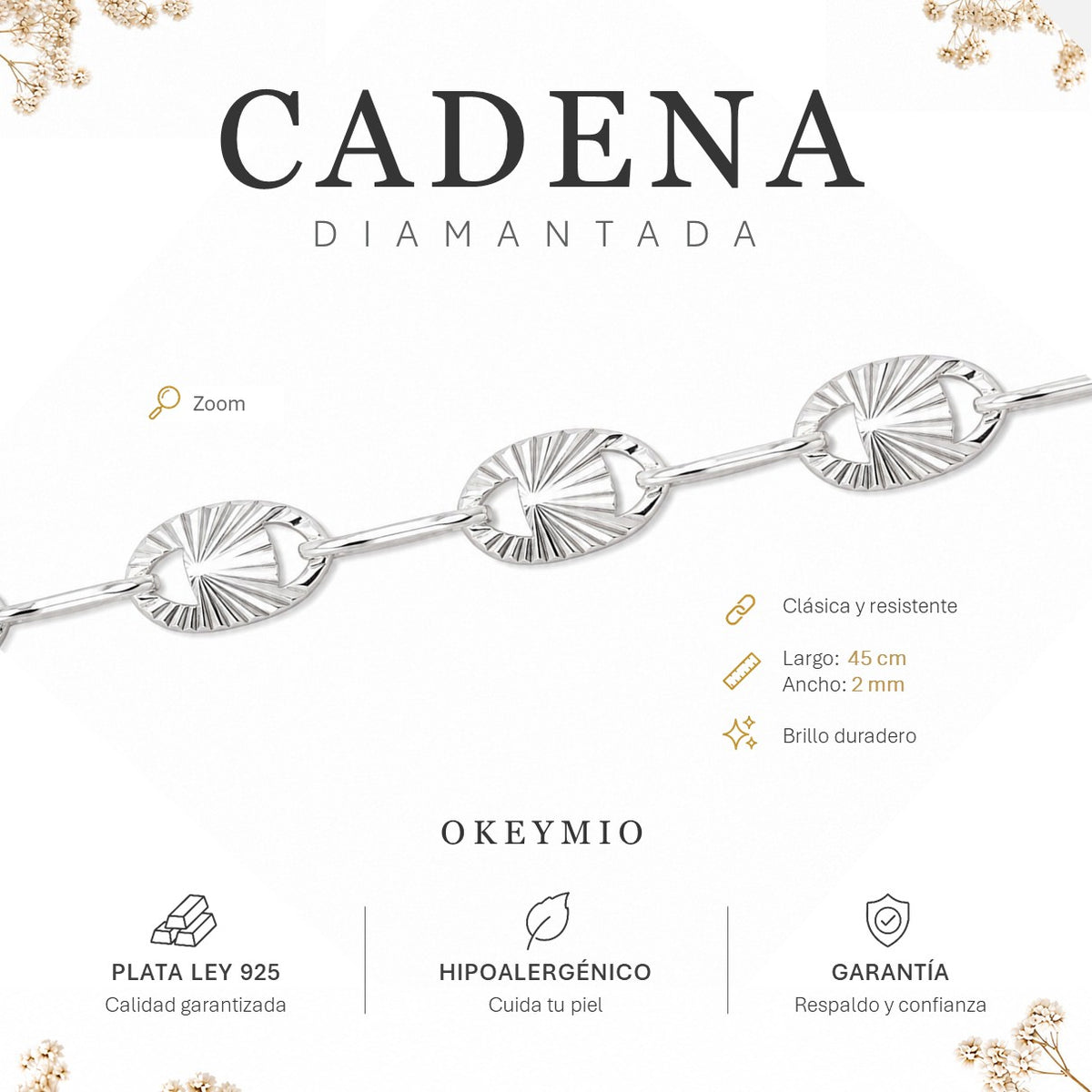 Cadena Plata 925 Diamantada Con Eslabones Ovalados Brillo Italiano (45cm)