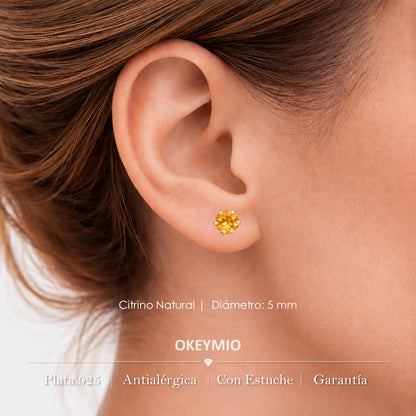 Aretes Topos En Plata 925 Piedra Citrino Natural Hipoalergénicos