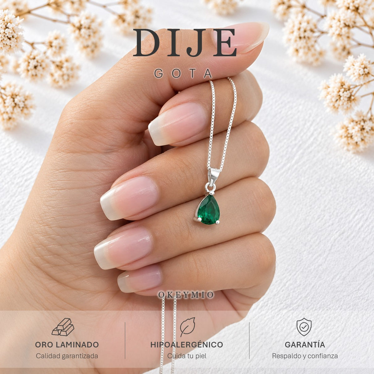 Dije Gota Piedra Verde Con Cadena Plata 925 Antialérgico