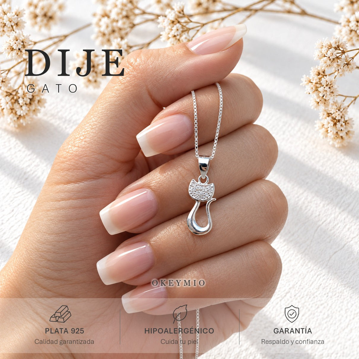 Dije Gato En Plata 925 Con Cadena Para Mujer