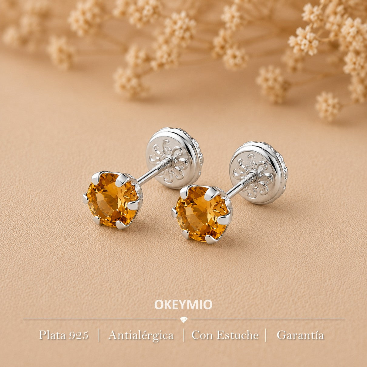 Aretes Topos En Plata 925 Piedra Citrino Natural Hipoalergénicos