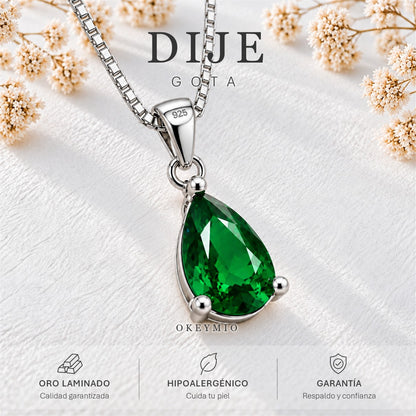 Dije Gota Piedra Verde Con Cadena Plata 925 Antialérgico
