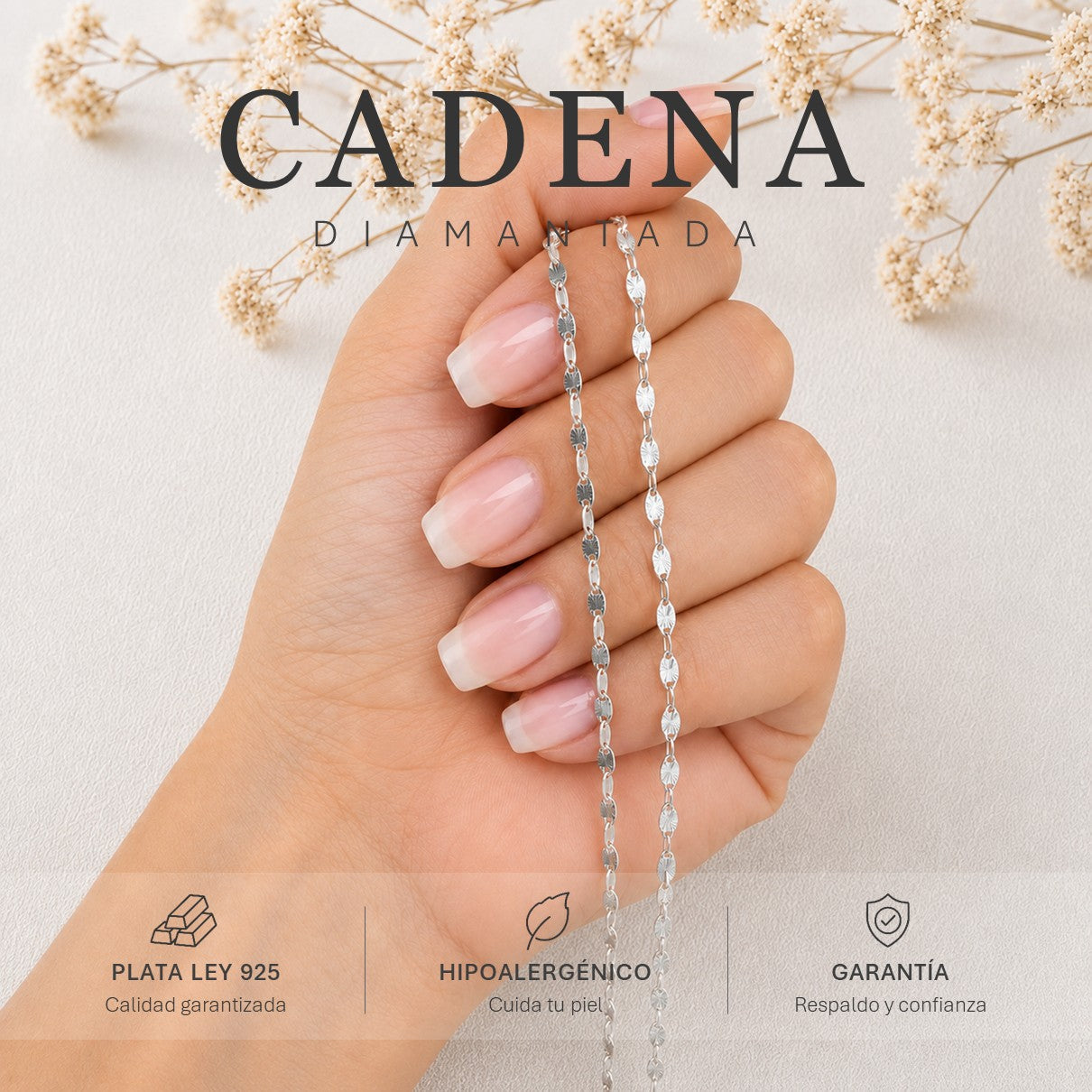 Cadena Plata 925 Diamantada Con Eslabones Ovalados Brillo Italiano (45cm)