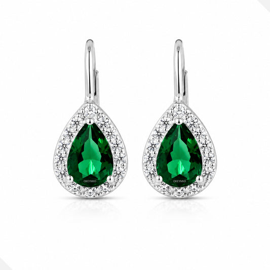Aretes Plata 925 Gancho Español Con Cristal Verde Gota