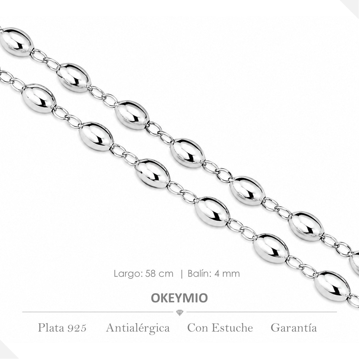 Rosario Camandula  55 cm | Balin Arroz | Plata 925 Italiana