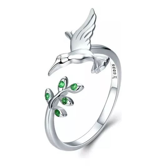 Anillo Ajustable Pájaro Colibrí Rama En Plata 925