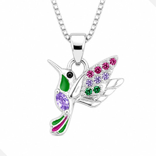 Dije Colibrí Con Cadena Plata 925 Antialérgico Multicolor