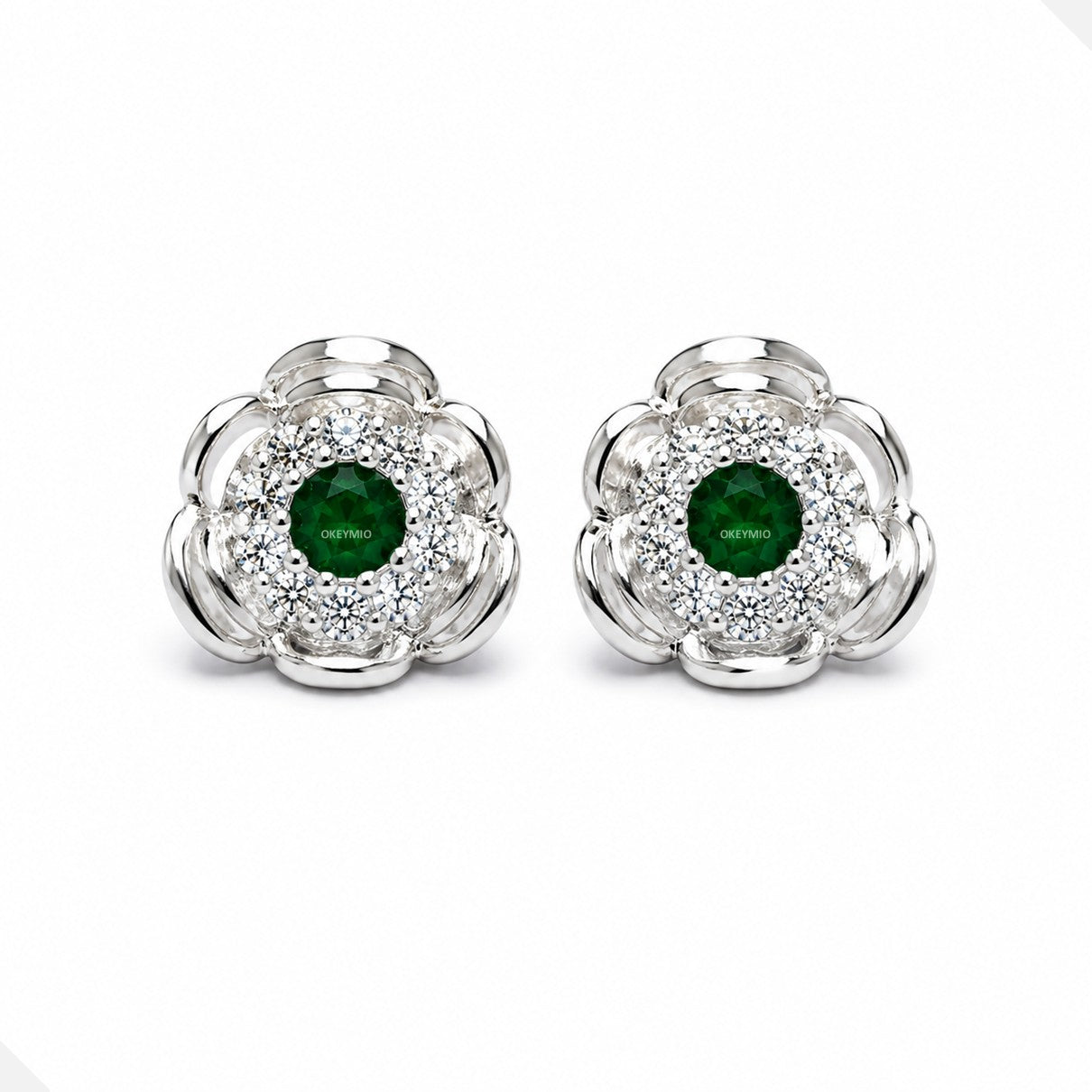 Aretes Topos Flor Plata 925 Piedra Verde Antialérgicos