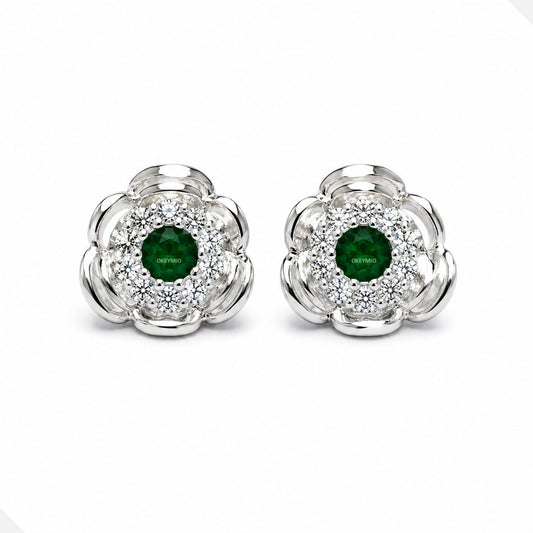 Aretes Topos Flor Plata 925 Piedra Verde Antialérgicos