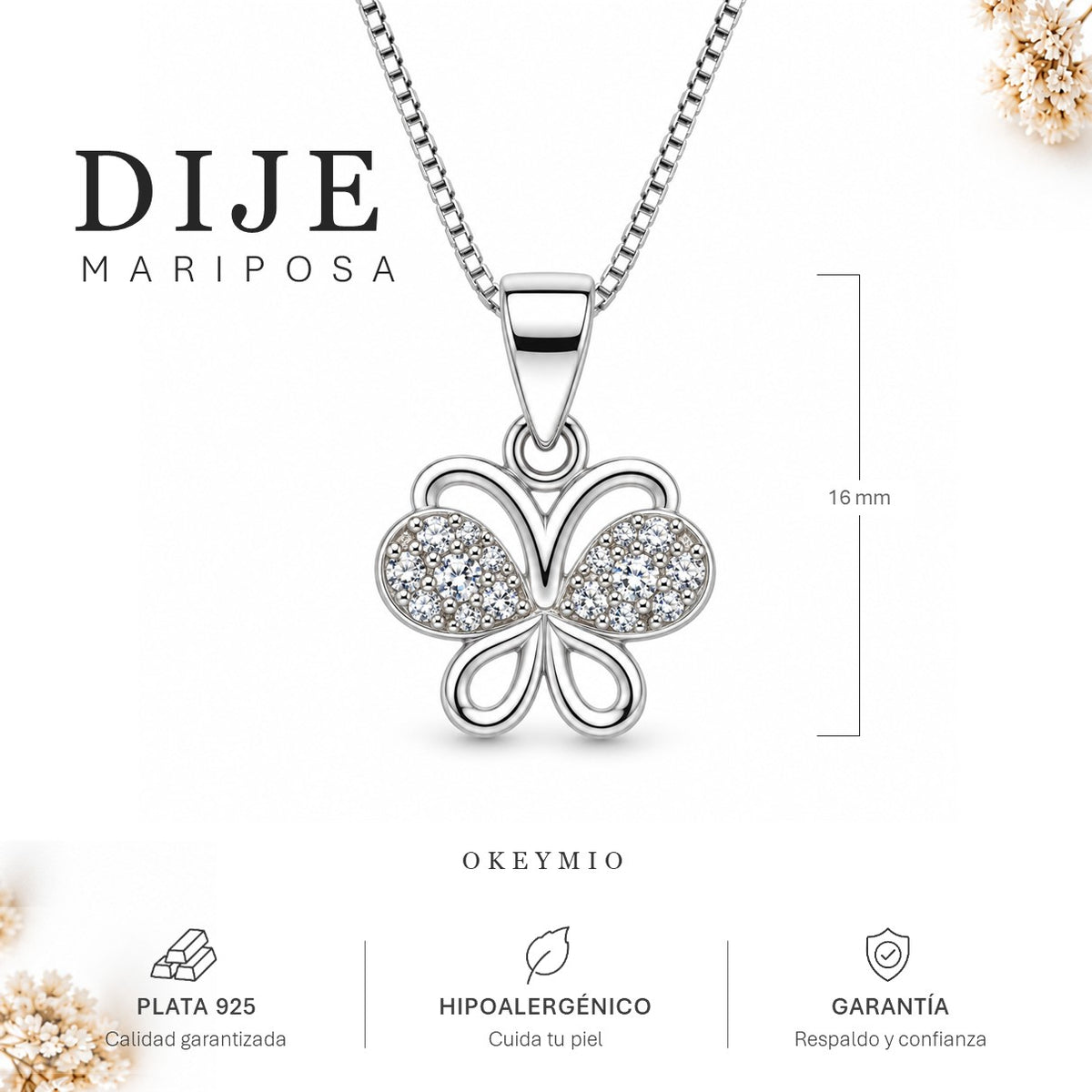 Dije Mariposa En Plata 925 Con Cadena Para Mujer