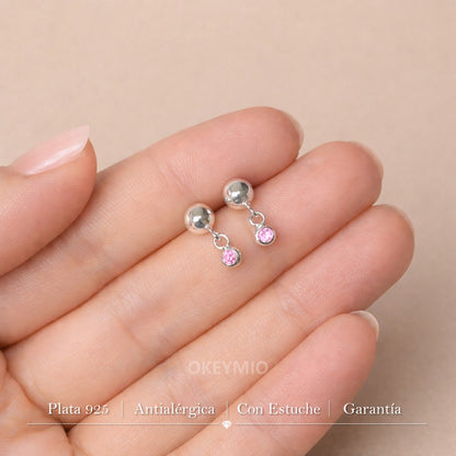 Aretes Topos Modernos Plata 925 Hipoalergénicos Circon Rosa