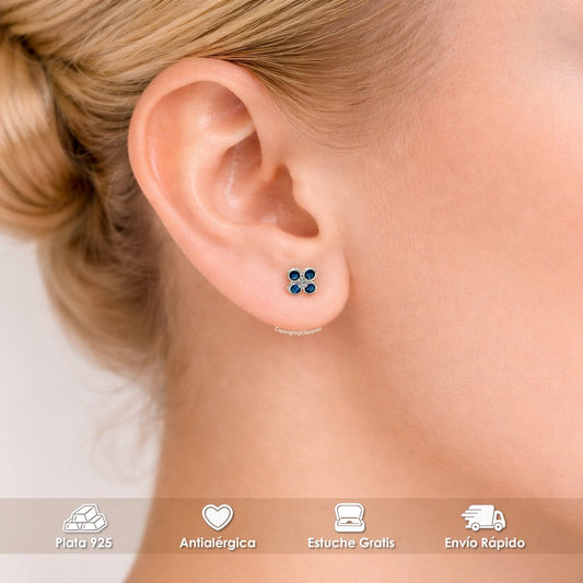 Aretes Plata 925 Mujer Flor Azul Elegantes Antialérgicos