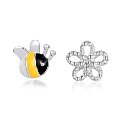 Aretes Topitos Abeja y Flor En Plata 925