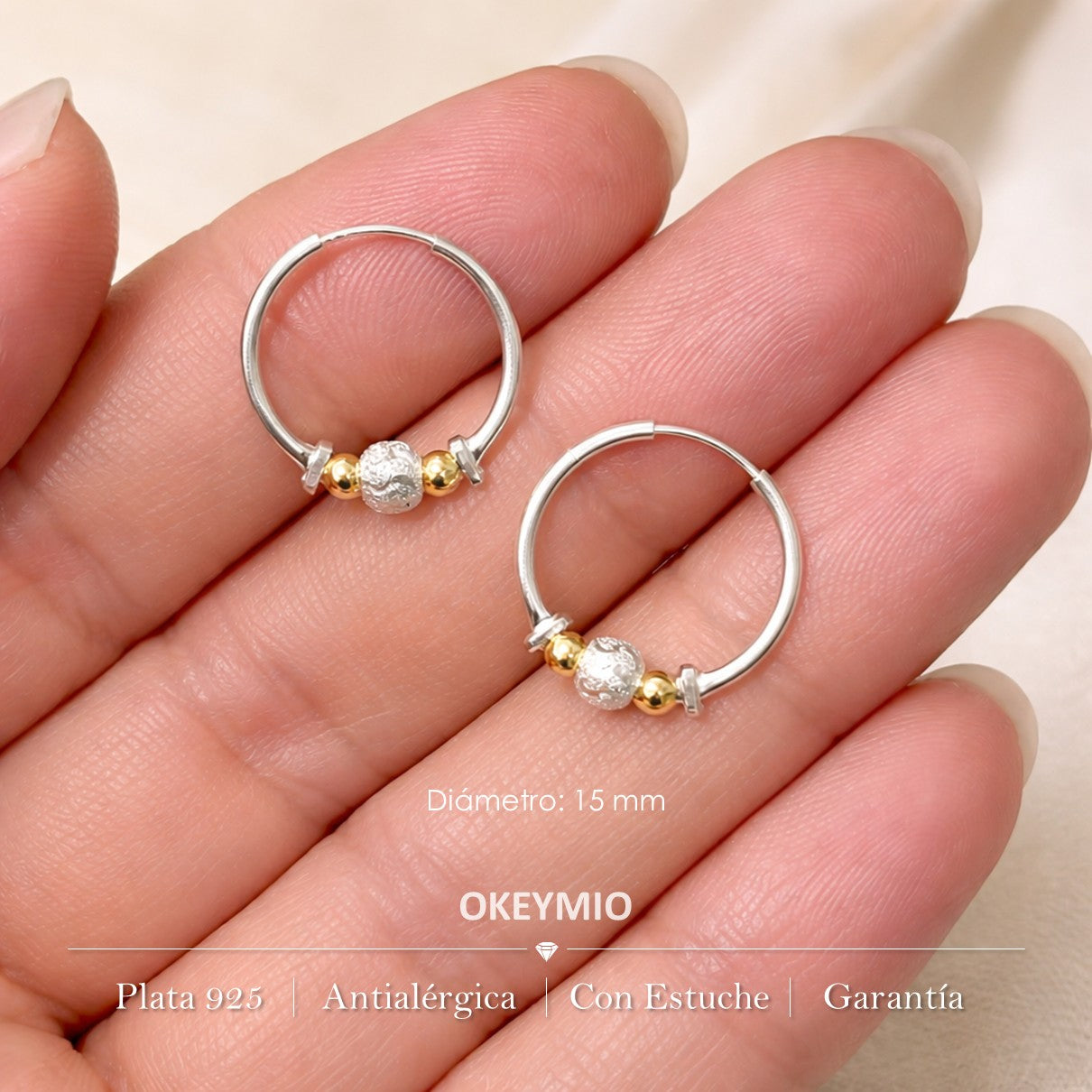 Candongas En Oro 18K y Plata 925 -15 mm