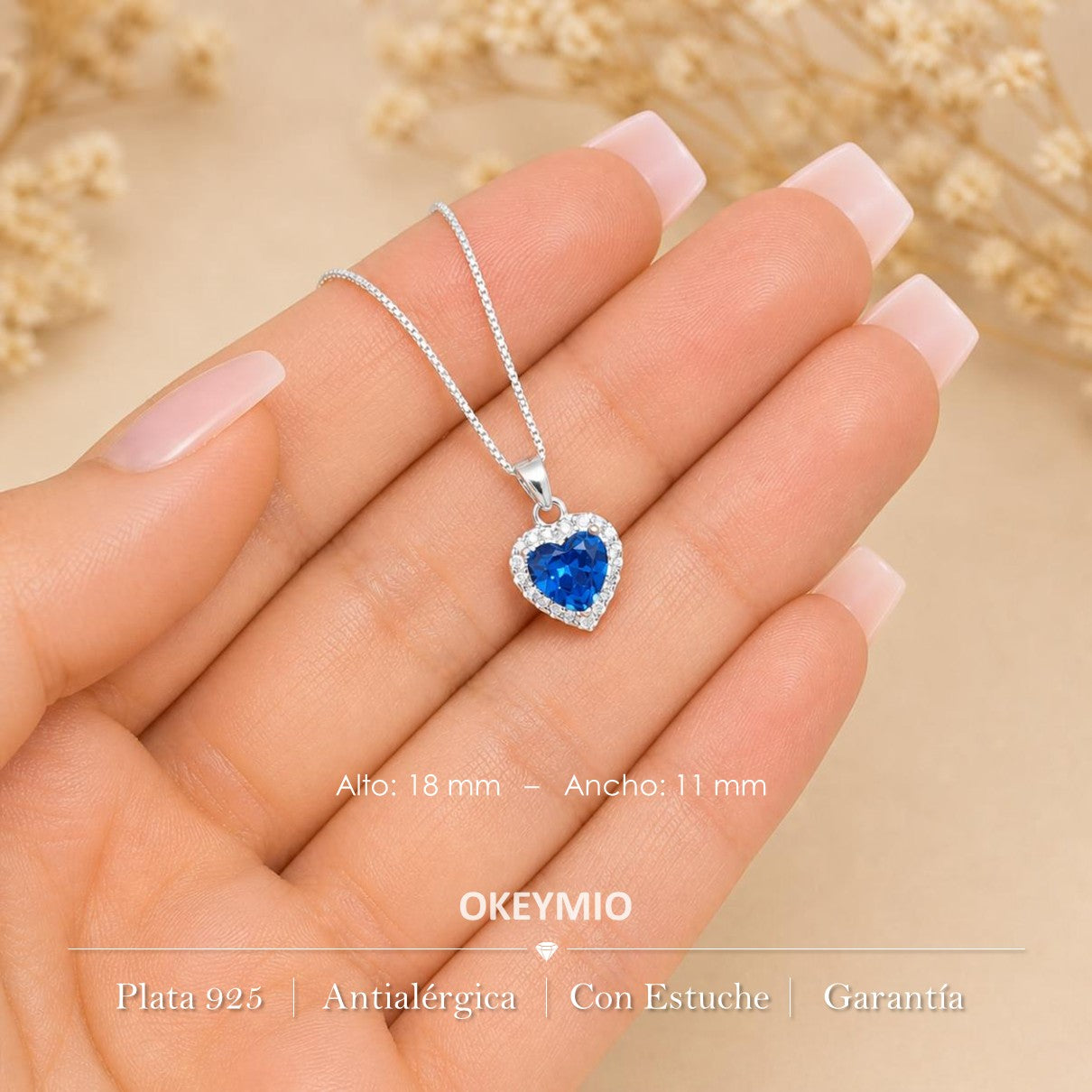 Dije Corazón Azul Plata 925 Con Circones Brillantes