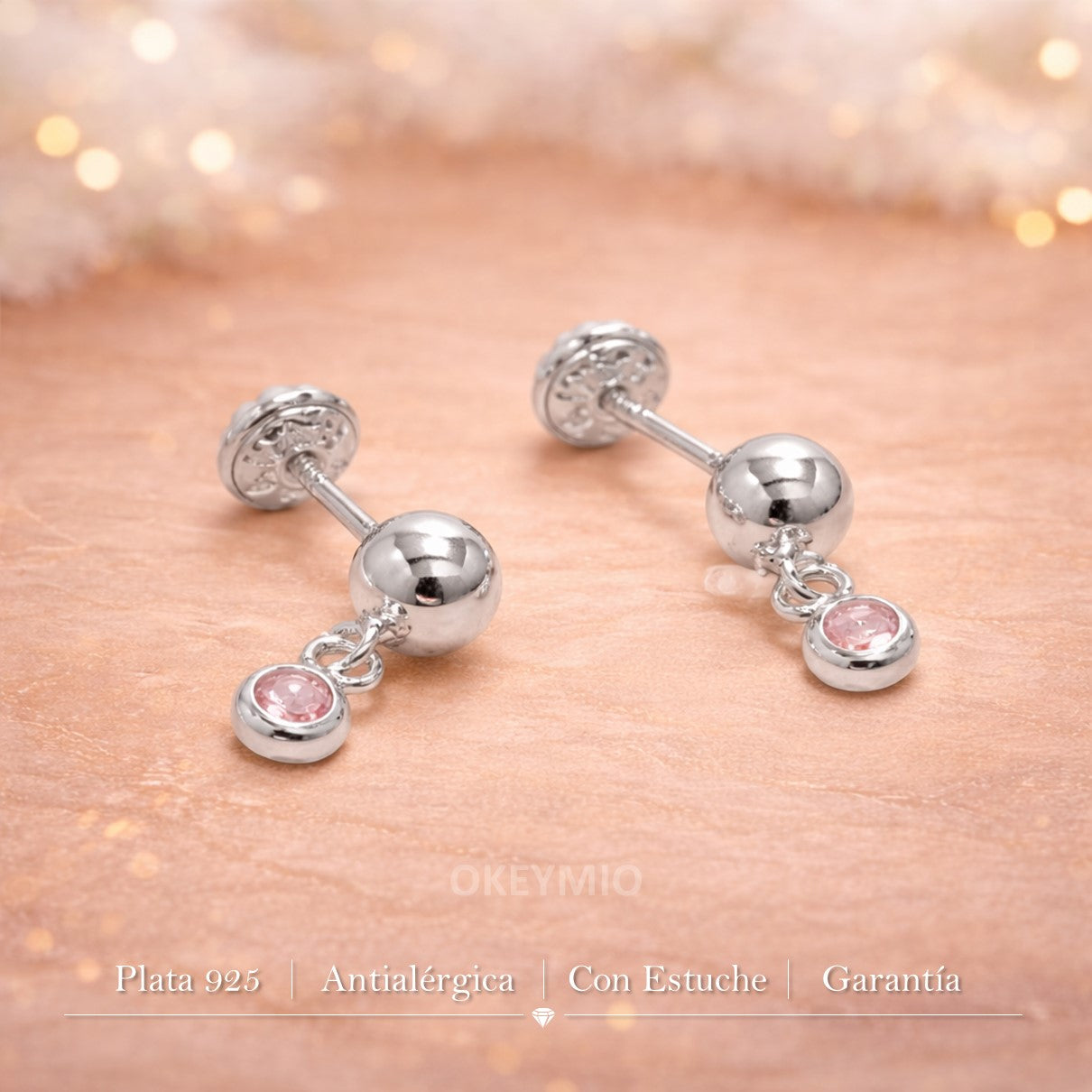 Aretes Topos Modernos Plata 925 Hipoalergénicos Circon Rosa