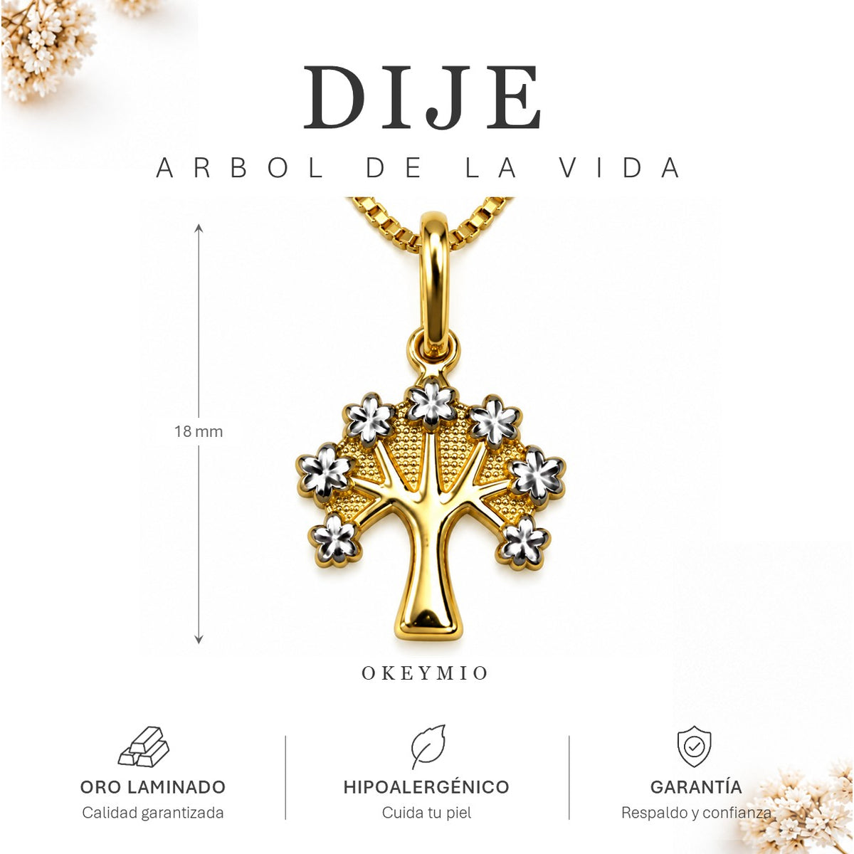 Dije Árbol De La Vida Bicolor Flores Oro Laminado 18k Mujer