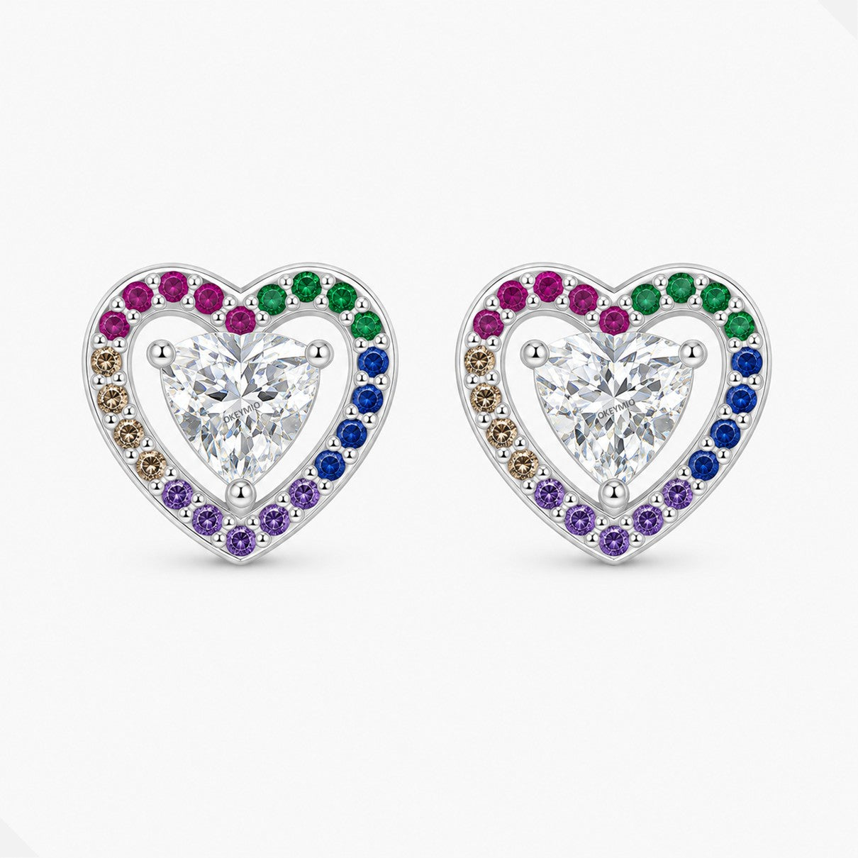 Aretes Topos Plata 925 Corazón Multicolor Antialérgicos