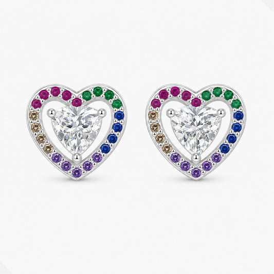 Aretes Topos Plata 925 Corazón Multicolor Antialérgicos