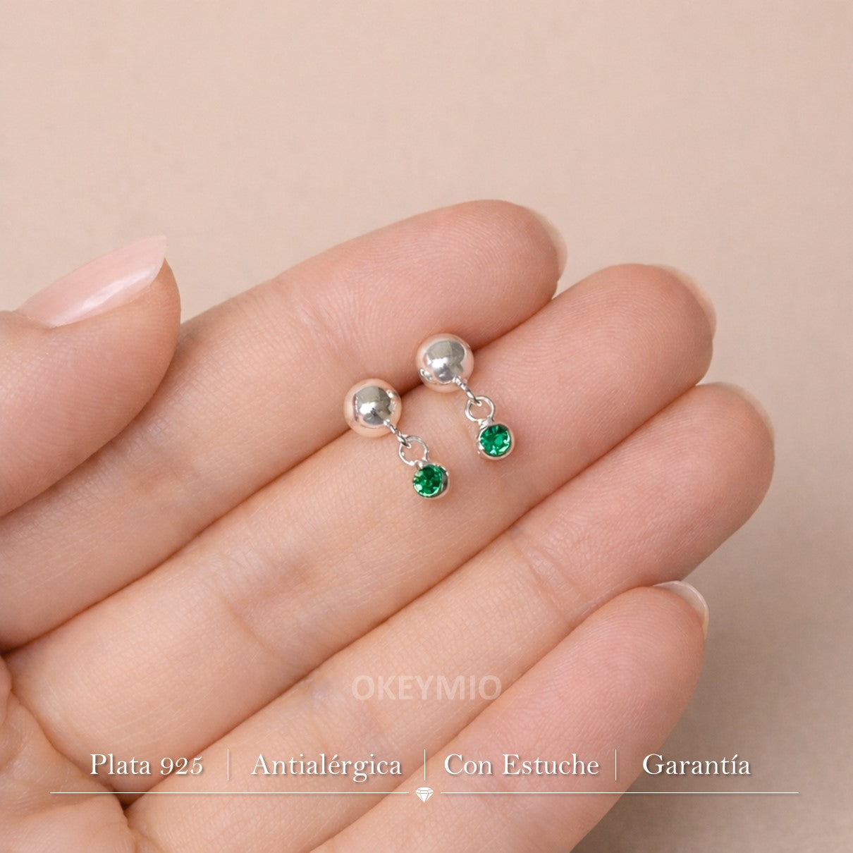 Aretes Topos Modernos Plata 925 Hipoalergénicos Circon Verde