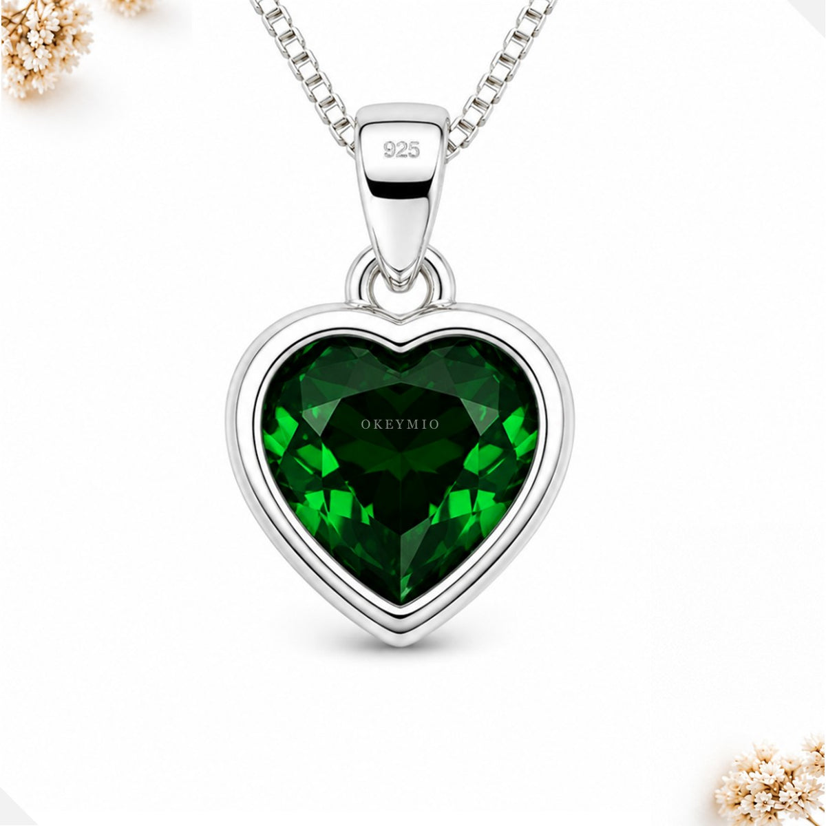 Dije Plata 925 Con Cadena Corazón Verde Estilo Romántico