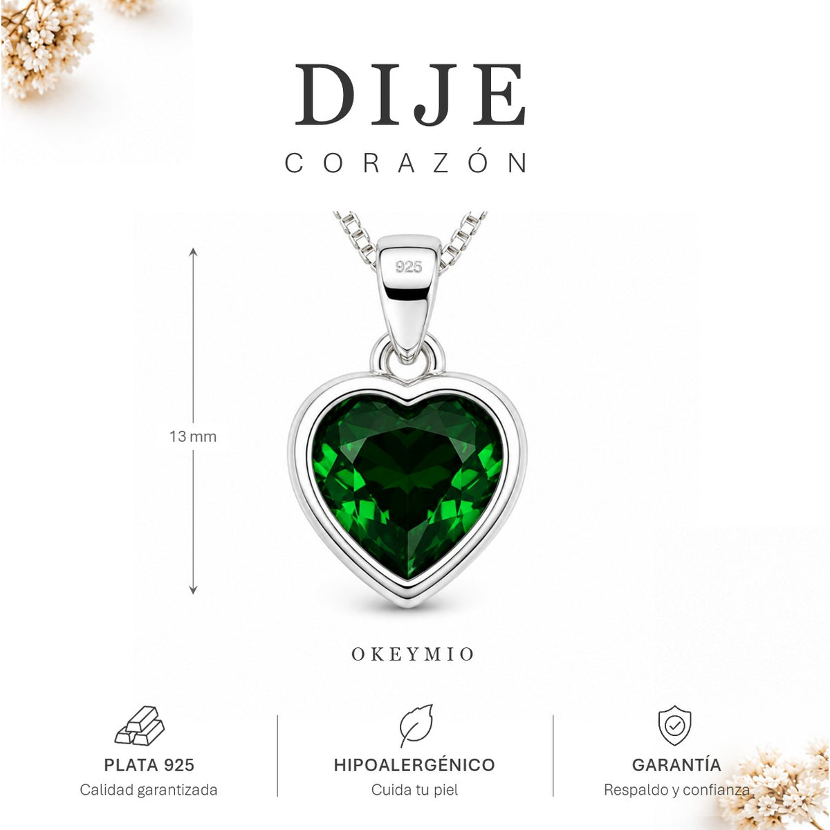 Dije Plata 925 Con Cadena Corazón Verde Estilo Romántico