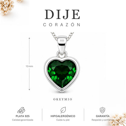 Dije Plata 925 Con Cadena Corazón Verde Estilo Romántico