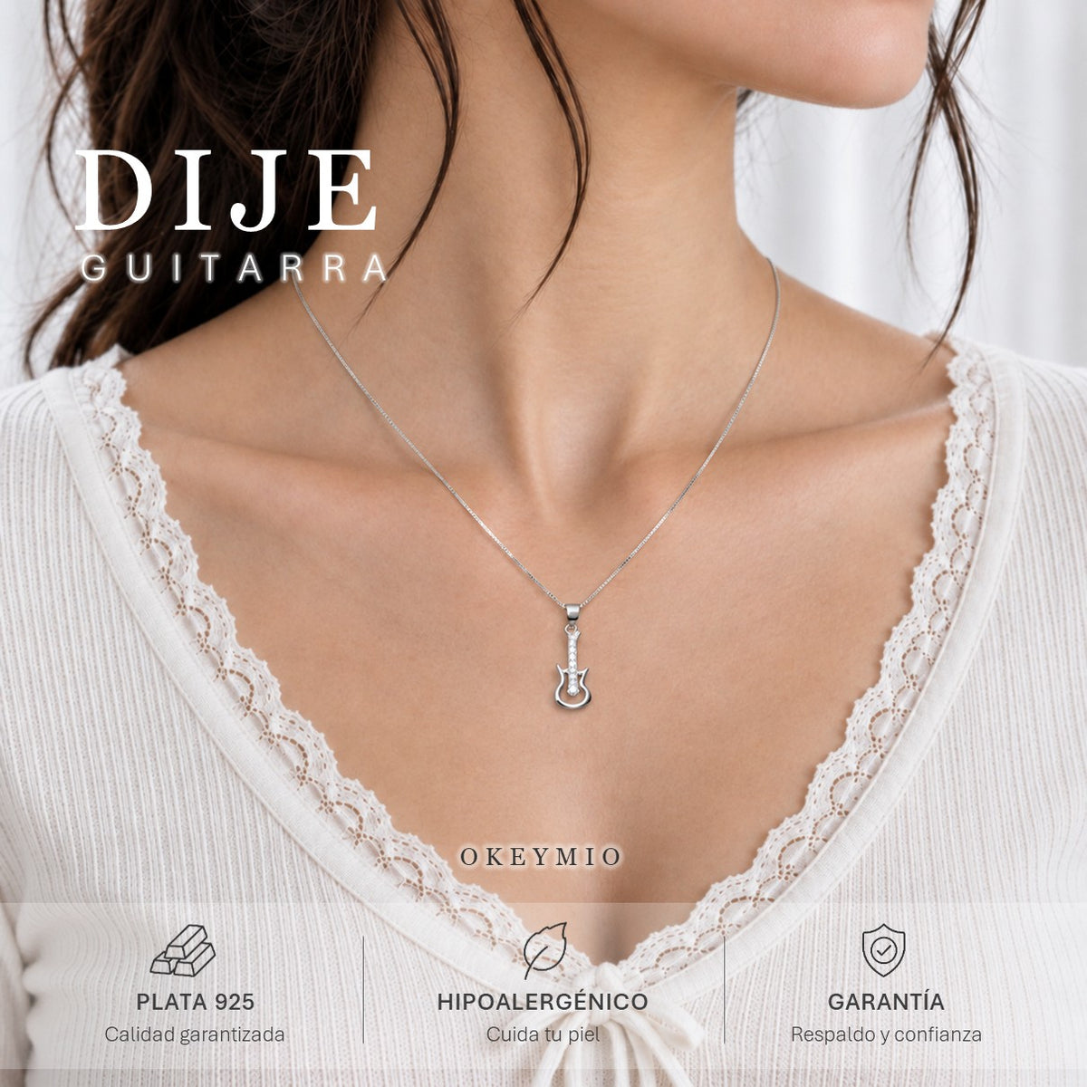 Dije Guitarra Plata 925 Con Cadena