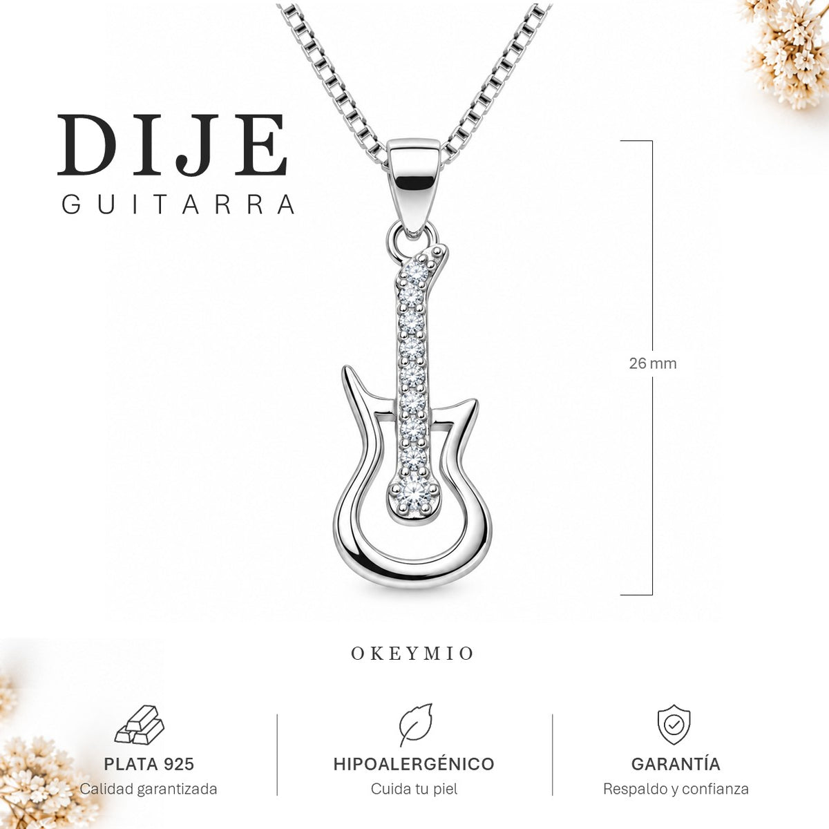 Dije Guitarra Plata 925 Con Cadena