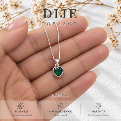 Dije Plata 925 Con Cadena Corazón Verde Estilo Romántico