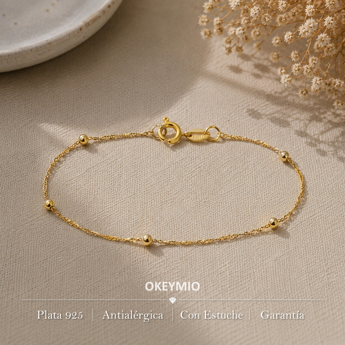 Pulsera Singapur Con balines En Oro Laminado 18k
