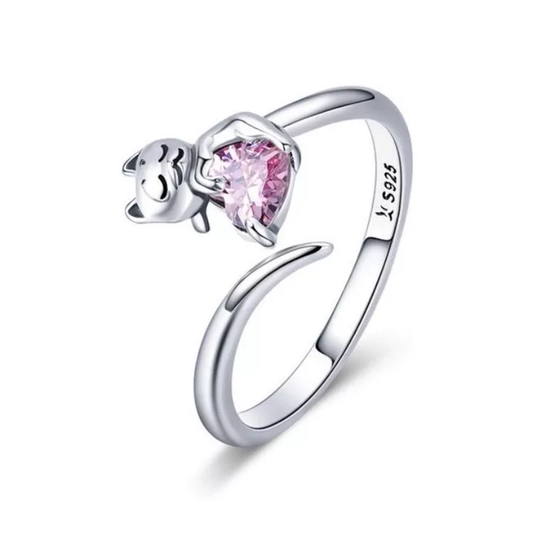 Anillo Ajustable Gato Corazón Rosa En Plata 925