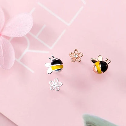 Aretes Topitos Abeja y Flor En Plata 925