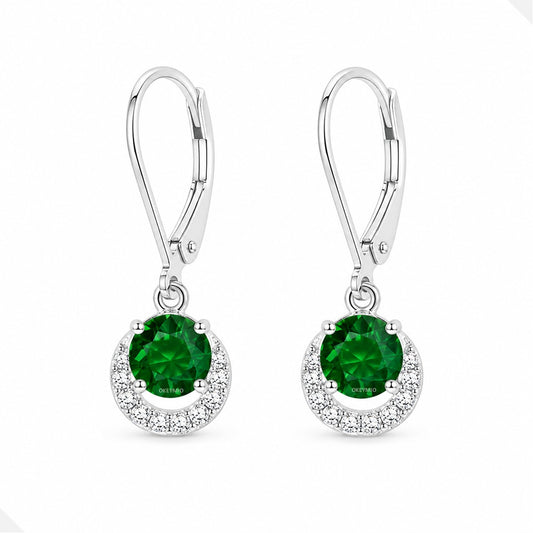 Aretes Gancho Español Plata 925 Piedra Verde Redonda Mujer