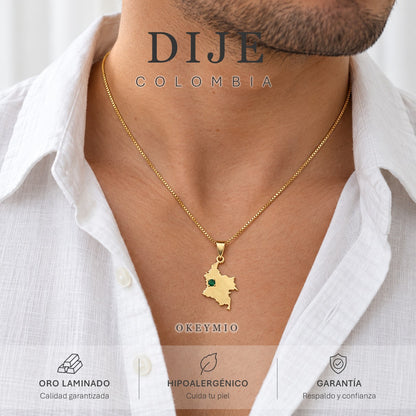 Dije Amo Colombia Mapa Piedra Verde Oro Laminado 18K (sin cadena)