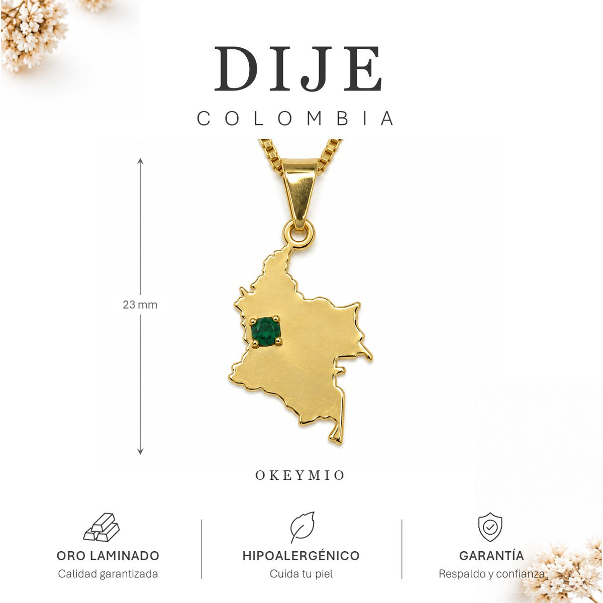 Dije Amo Colombia Mapa Piedra Verde Oro Laminado 18K (sin cadena)