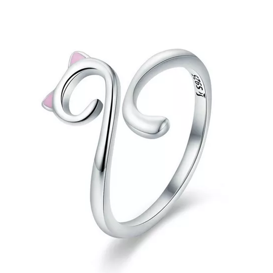 Anillo Ajustable Mujer Gato Rosa Fabricado En Plata 925