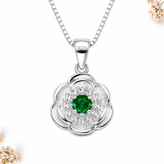 Dije Flor En Plata 925 Con Piedra Verde Y Cadena Mujer
